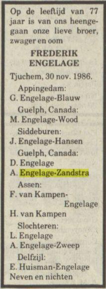overlijdensadvertentie frederik engelage on 30 Nov 1986.